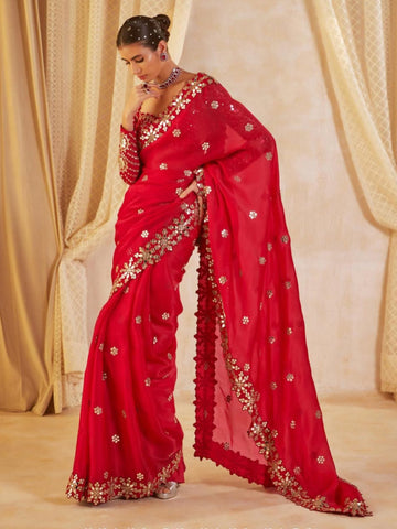 Red Celebrity Saree with Sequin Embroidery Bollywood Partywear Saree for Women