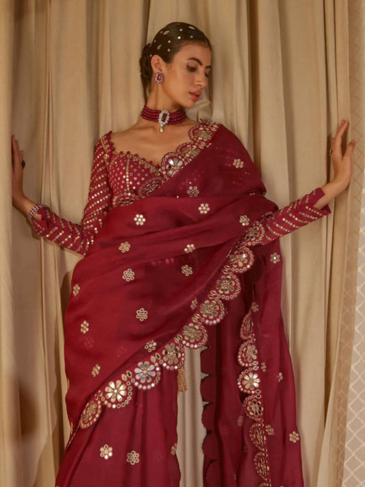 Celebrity Maroon Sequin Bollywood Designer Saree for Women's