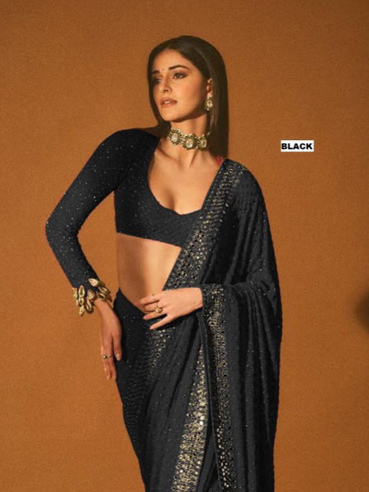Black Faux Georgette Sequin Saree Online Bollywood Celebrity Saree for Women's