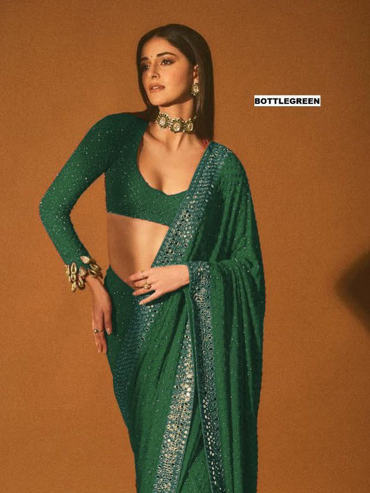 Bottle Green Faux Georgette Sequin Saree Online – Bollywood Celebrity Saree for Women's