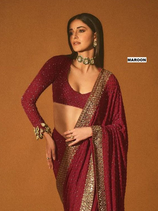 Maroon Faux Georgette Sequin Saree Online – Bollywood Celebrity Saree for Women's