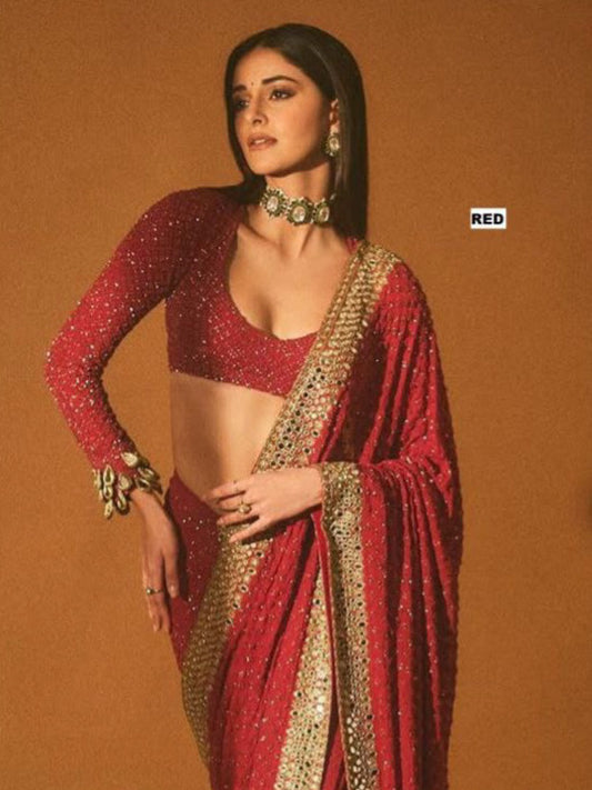 Red Faux Georgette Sequin Saree Online Bollywood Celebrity Saree for Women's