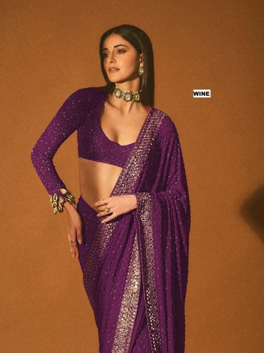 Wine Faux Georgette Sequin Saree Online Bollywood Celebrity Saree for Women's