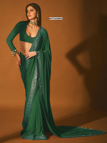 Bottle Green Faux Georgette Sequin Saree Online – Bollywood Celebrity Saree for Women's
