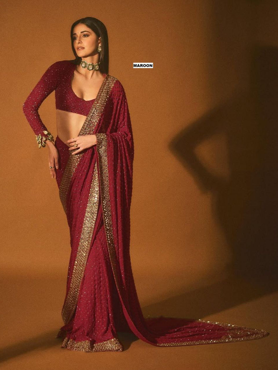 Maroon Faux Georgette Sequin Saree Online – Bollywood Celebrity Saree for Women's