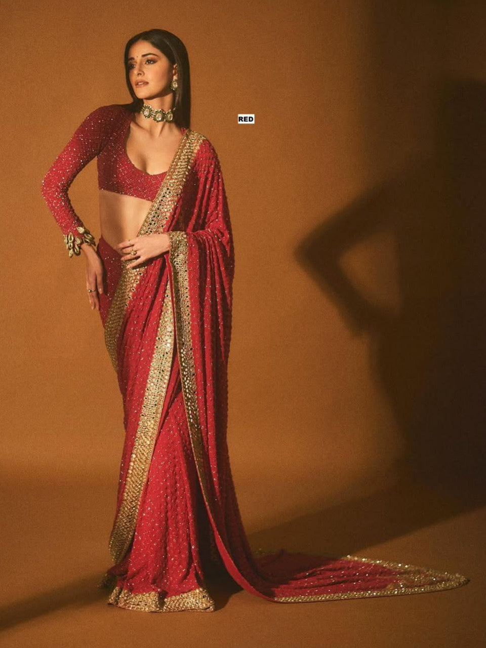 Red Faux Georgette Sequin Saree Online Bollywood Celebrity Saree for Women's