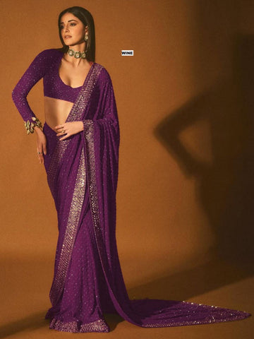 Wine Faux Georgette Sequin Saree Online Bollywood Celebrity Saree for Women's