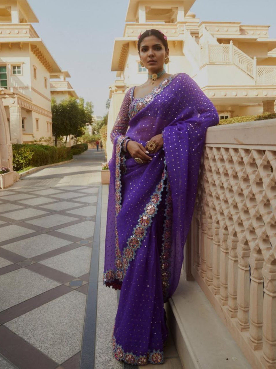 Celebrity Purple Sequin Saree with Mirror Work Bollywood Style For Women's