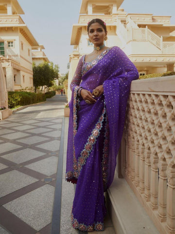 Celebrity Purple Sequin Saree with Mirror Work Bollywood Style For Women's