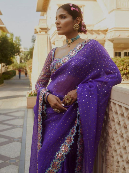 Celebrity Purple Sequin Saree with Mirror Work Bollywood Style For Women's